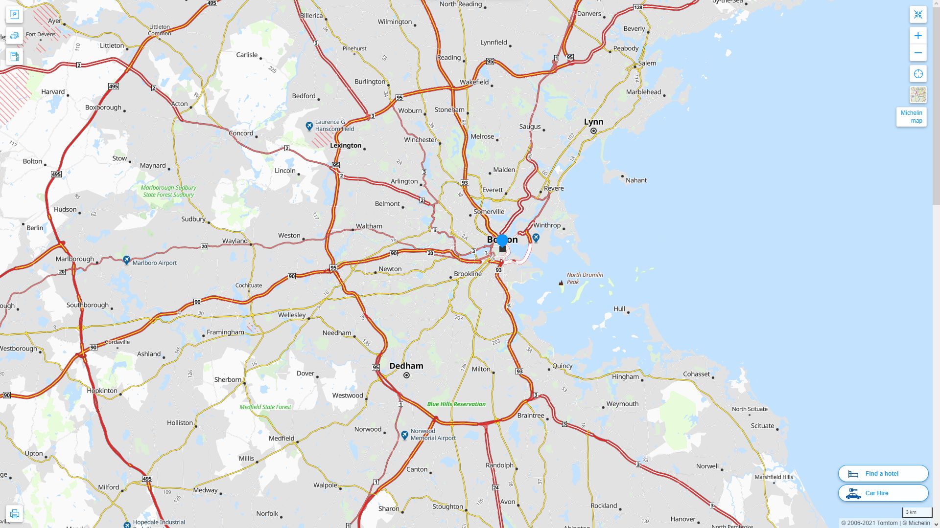 Boston Massachusetts Highway and Road Map